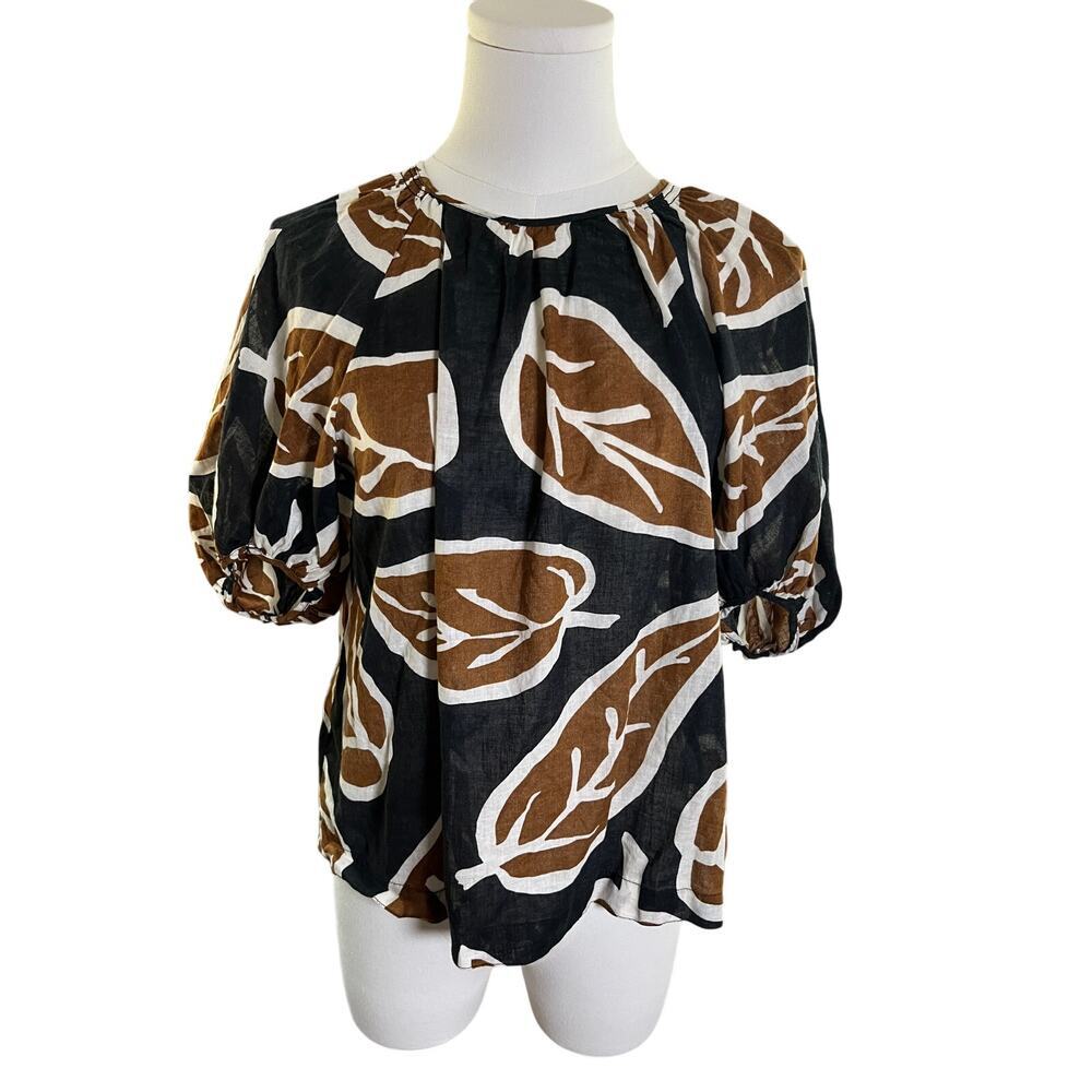 Who What‎ Wear Puff Sleeve Top XS Linen Blend Brown Black Print Minimal